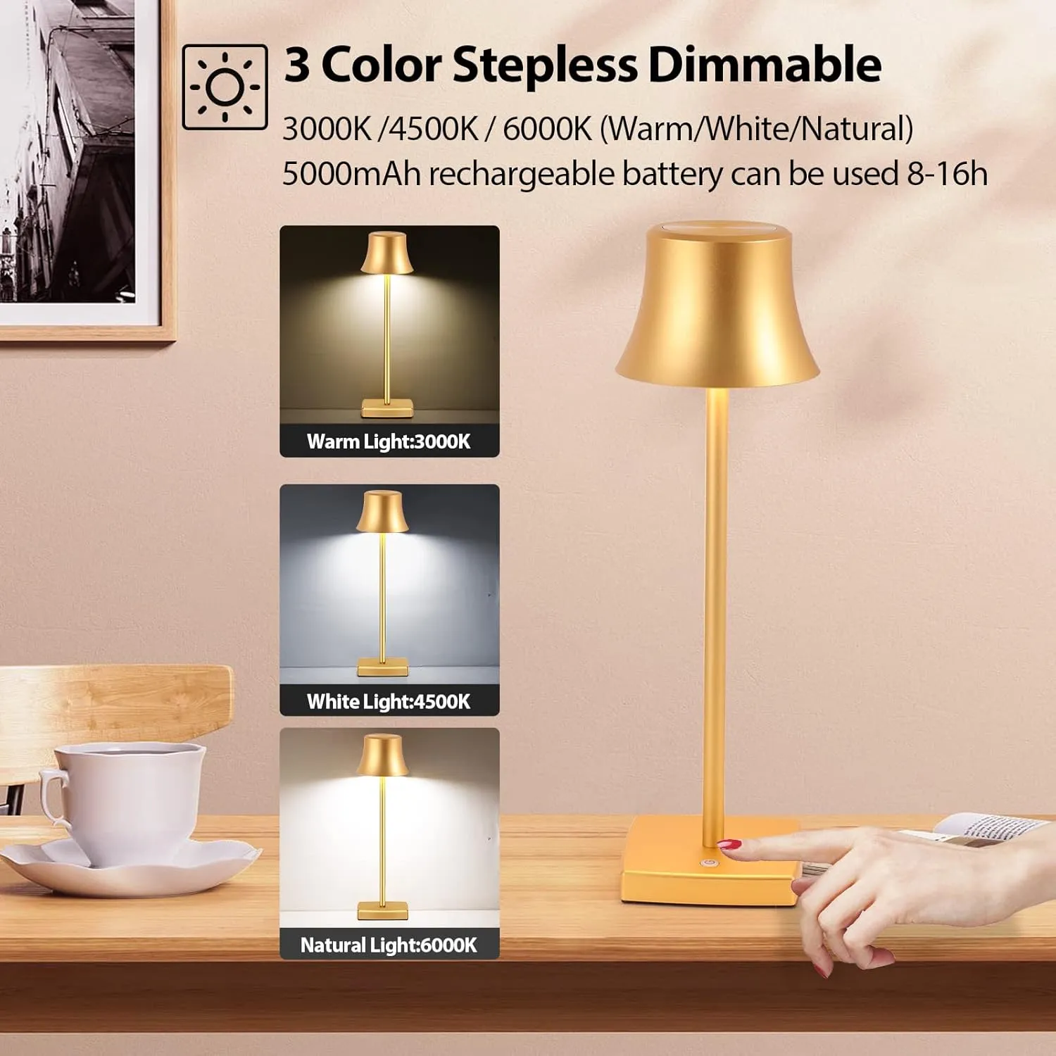 LED Desk Lamp Cordless Table Light, Rechargeable Battery Powered 3 Levels Brightness Dimmable for Outdoor Modern Restaurant Dining Bedroom Study Portable Lights Set of 2 Pack Gold