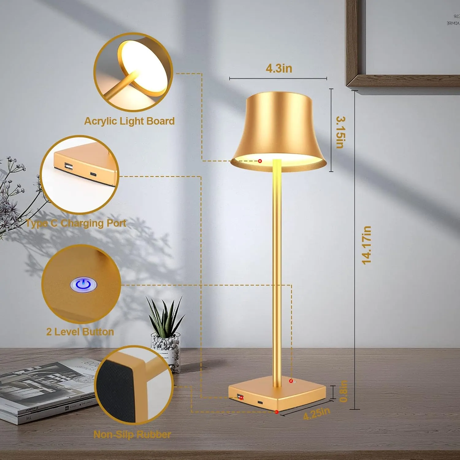LED Desk Lamp Cordless Table Light, Rechargeable Battery Powered 3 Levels Brightness Dimmable for Outdoor Modern Restaurant Dining Bedroom Study Portable Lights Set of 2 Pack Gold