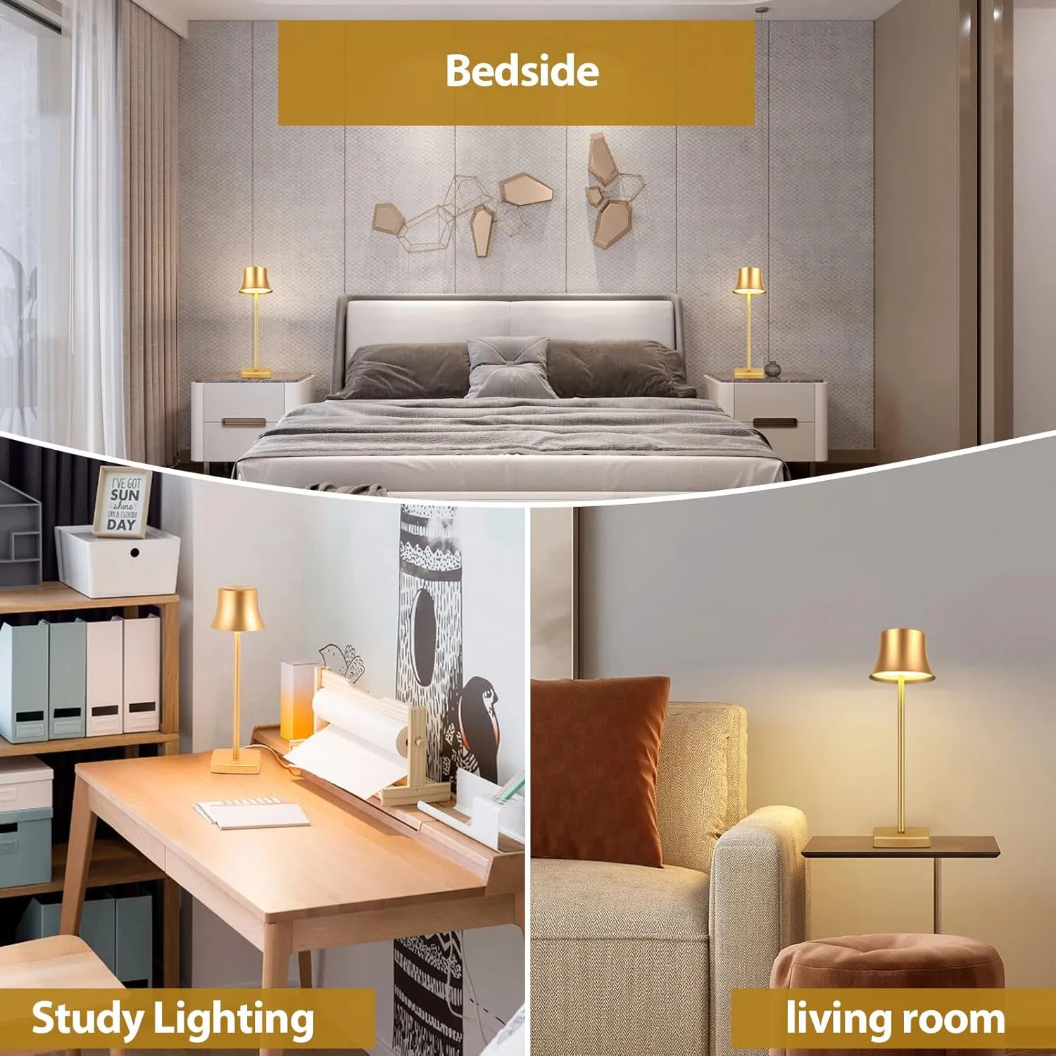 LED Desk Lamp Cordless Table Light, Rechargeable Battery Powered 3 Levels Brightness Dimmable for Outdoor Modern Restaurant Dining Bedroom Study Portable Lights Set of 2 Pack Gold