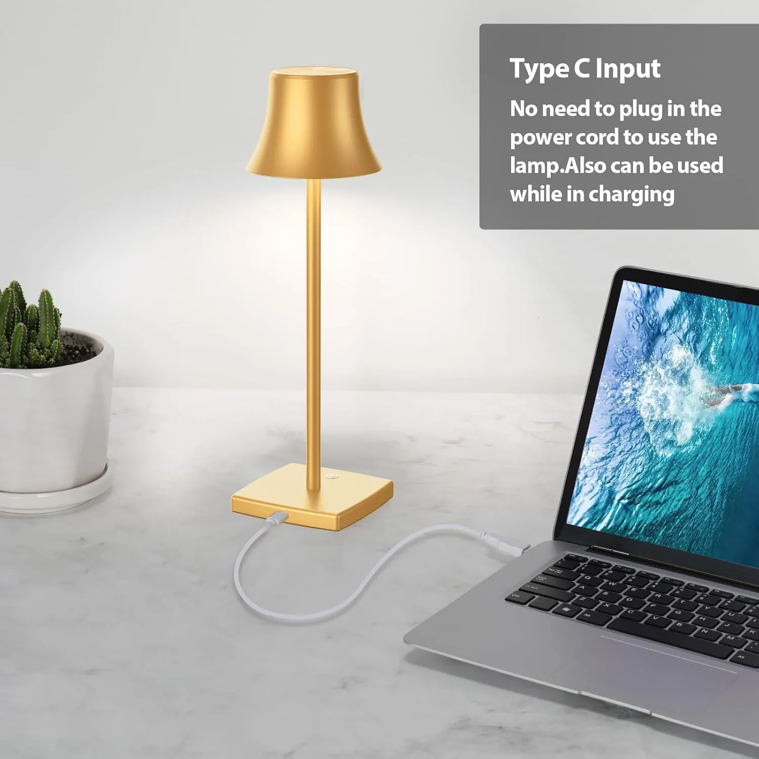 LED Desk Lamp Cordless Table Light, Rechargeable Battery Powered 3 Levels Brightness Dimmable for Outdoor Modern Restaurant Dining Bedroom Study Portable Lights Set of 2 Pack Gold