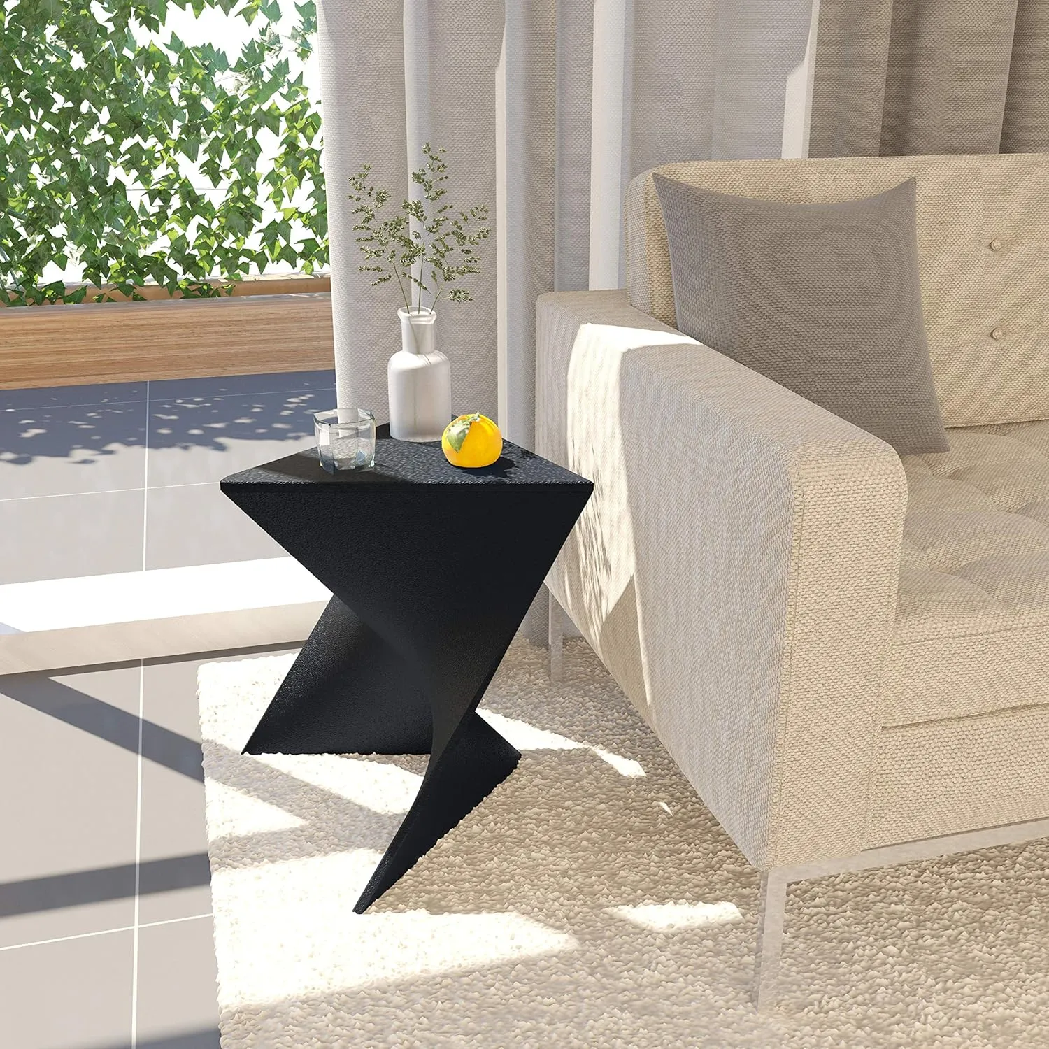 LeisureMod 15.75" Black Stackable Side Table - Weather-Resistant Triangular Plastic Accent End Table for Living Room, Backyard, or Lawn.
