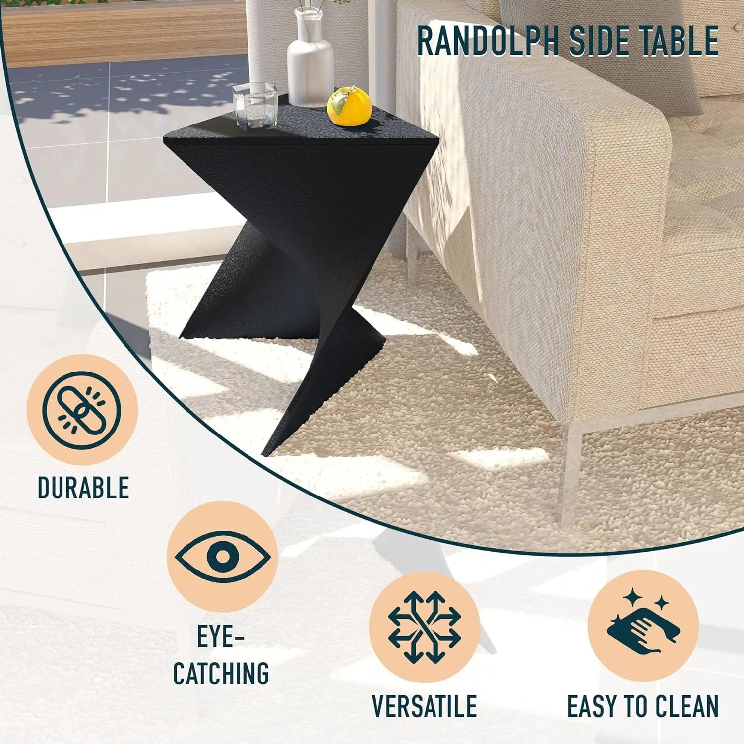 LeisureMod 15.75" Black Stackable Side Table - Weather-Resistant Triangular Plastic Accent End Table for Living Room, Backyard, or Lawn.