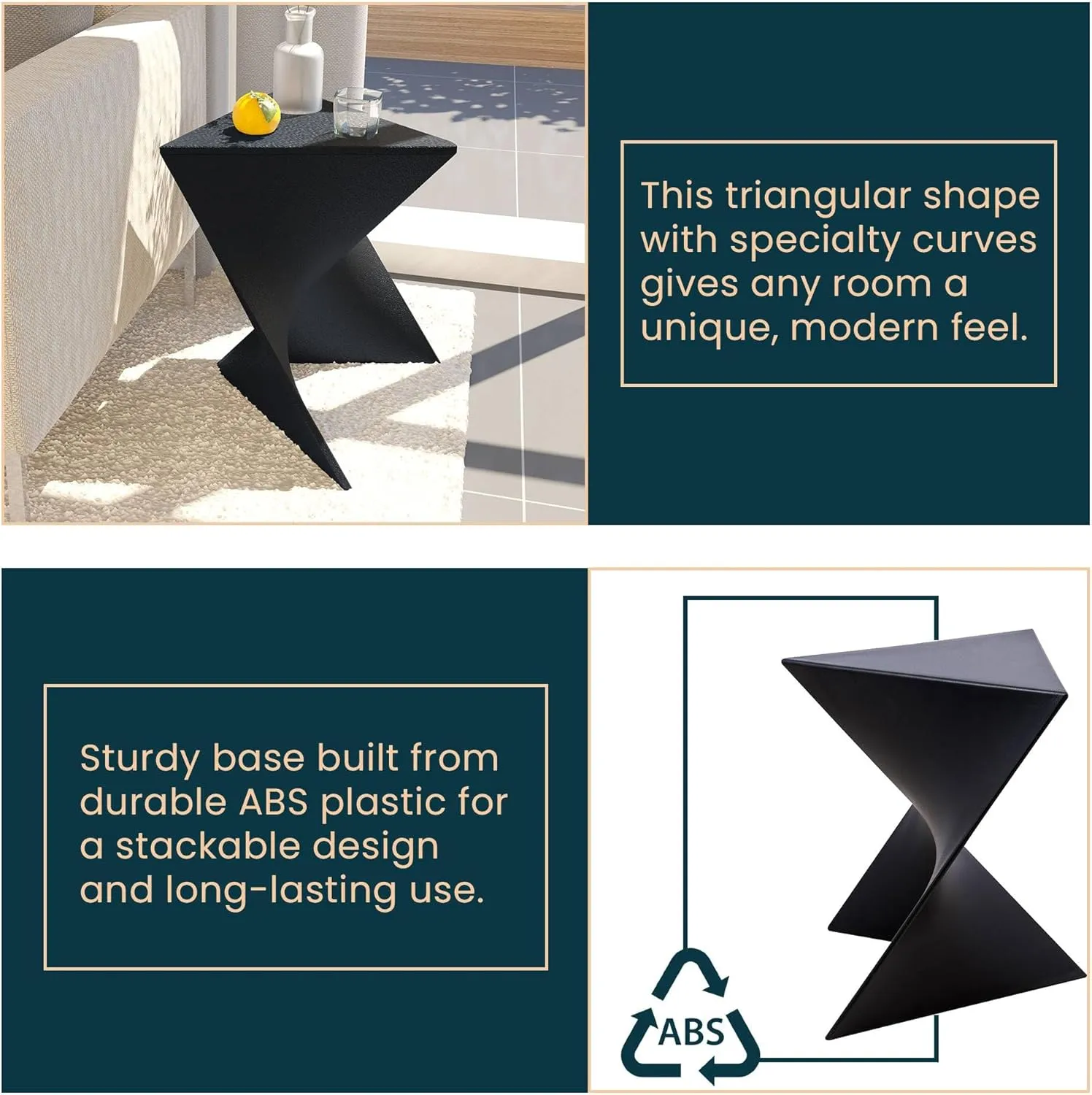 LeisureMod 15.75" Black Stackable Side Table - Weather-Resistant Triangular Plastic Accent End Table for Living Room, Backyard, or Lawn.