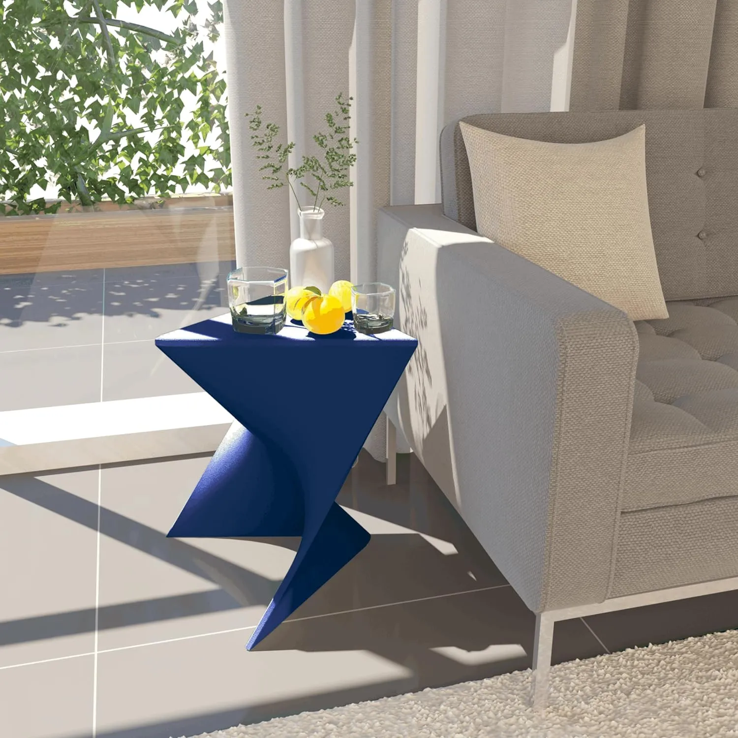 LeisureMod 15.75" Navy Blue Stackable Side Table - Weather-Resistant Plastic Triangular Accent End Table for Indoor & Outdoor Use