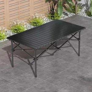 LEIYTFE 120x55cm Large Table Camp Foldable,Aluminum Roll-Up Camp Table for 6-8 Person,Outdoor Picnic Table Rectangular with Carry Bag(Black)