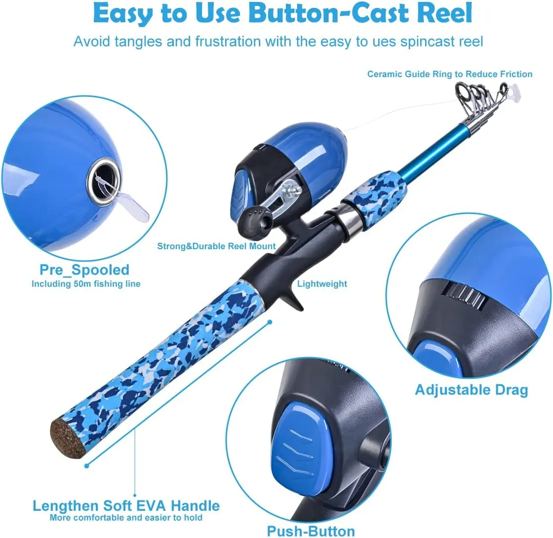 LEOFISHING Kids Fishing Pole Set with Full Starter Kits Portable Telescopic Fishing Rod and Spincast Reel with a Fishing Net and Bucket for Boys Girls and Youth