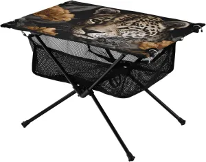 Leopard and Flowers Portable Folding Camping Table, Compact Lightweight Beach Table with Carrying Bag for Outdoor Picnics, BBQs, Camp