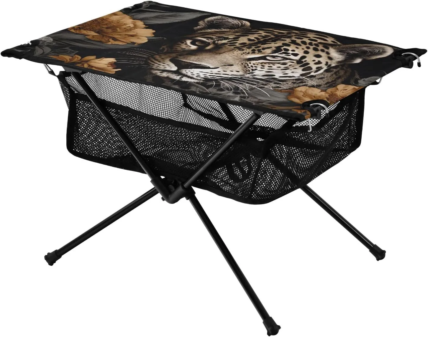 Leopard and Flowers Portable Folding Camping Table, Compact Lightweight Beach Table with Carrying Bag for Outdoor Picnics, BBQs, Camp