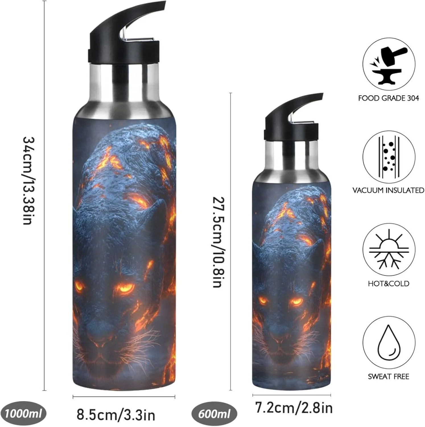 Leopard Angry Print Sports Bottle with Straw and Carry Loop for Gym, Camping, Workout, and Outdoors，Insulated Water Bottle Jug for All Day Hydration 33 OZ