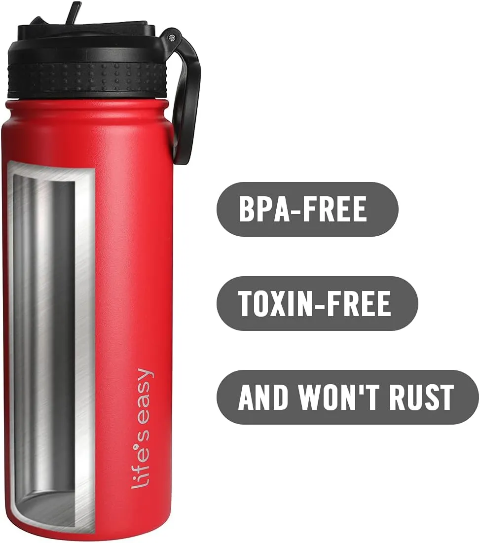 Life's Easy Stainless Steel Insulated Water Bottle - Sports Water Bottle w/Loop Handle Bionic Silicone Straw Lid - Vacuum Flask for Hot and Cold Drinks - Great for School, Travel & More (Red, 18 oz)