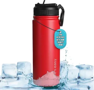 Life's Easy Stainless Steel Insulated Water Bottle - Sports Water Bottle w/Loop Handle Bionic Silicone Straw Lid - Vacuum Flask for Hot and Cold Drinks - Great for School, Travel & More (Red, 18 oz)