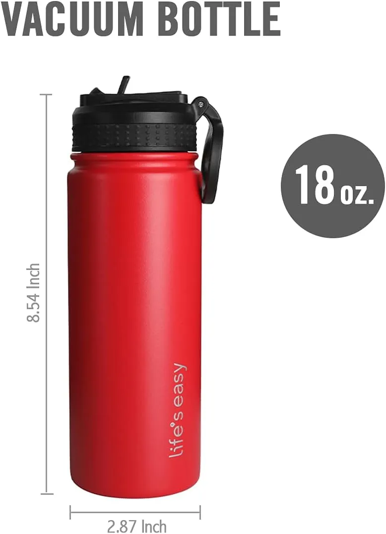 Life's Easy Stainless Steel Insulated Water Bottle - Sports Water Bottle w/Loop Handle Bionic Silicone Straw Lid - Vacuum Flask for Hot and Cold Drinks - Great for School, Travel & More (Red, 18 oz)