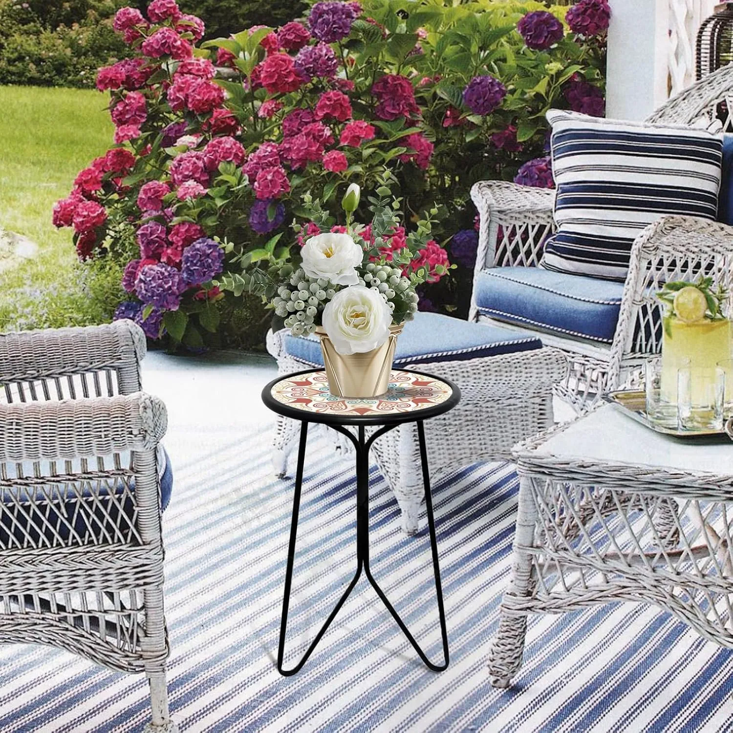 LIFFY Outdoor Metal Side Table,12" Small Outdoor Accent Table with Glass Top,Indoor Round Home Decorative End Table,Weather Resistant Patio Plant Stands Outside for Garden Bedroom Kitchen Balcony