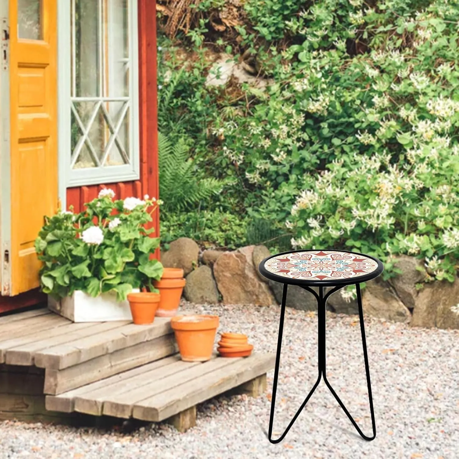 LIFFY Outdoor Metal Side Table,12" Small Outdoor Accent Table with Glass Top,Indoor Round Home Decorative End Table,Weather Resistant Patio Plant Stands Outside for Garden Bedroom Kitchen Balcony