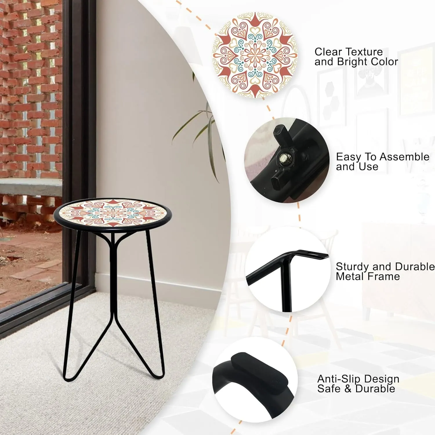 LIFFY Outdoor Metal Side Table,12" Small Outdoor Accent Table with Glass Top,Indoor Round Home Decorative End Table,Weather Resistant Patio Plant Stands Outside for Garden Bedroom Kitchen Balcony