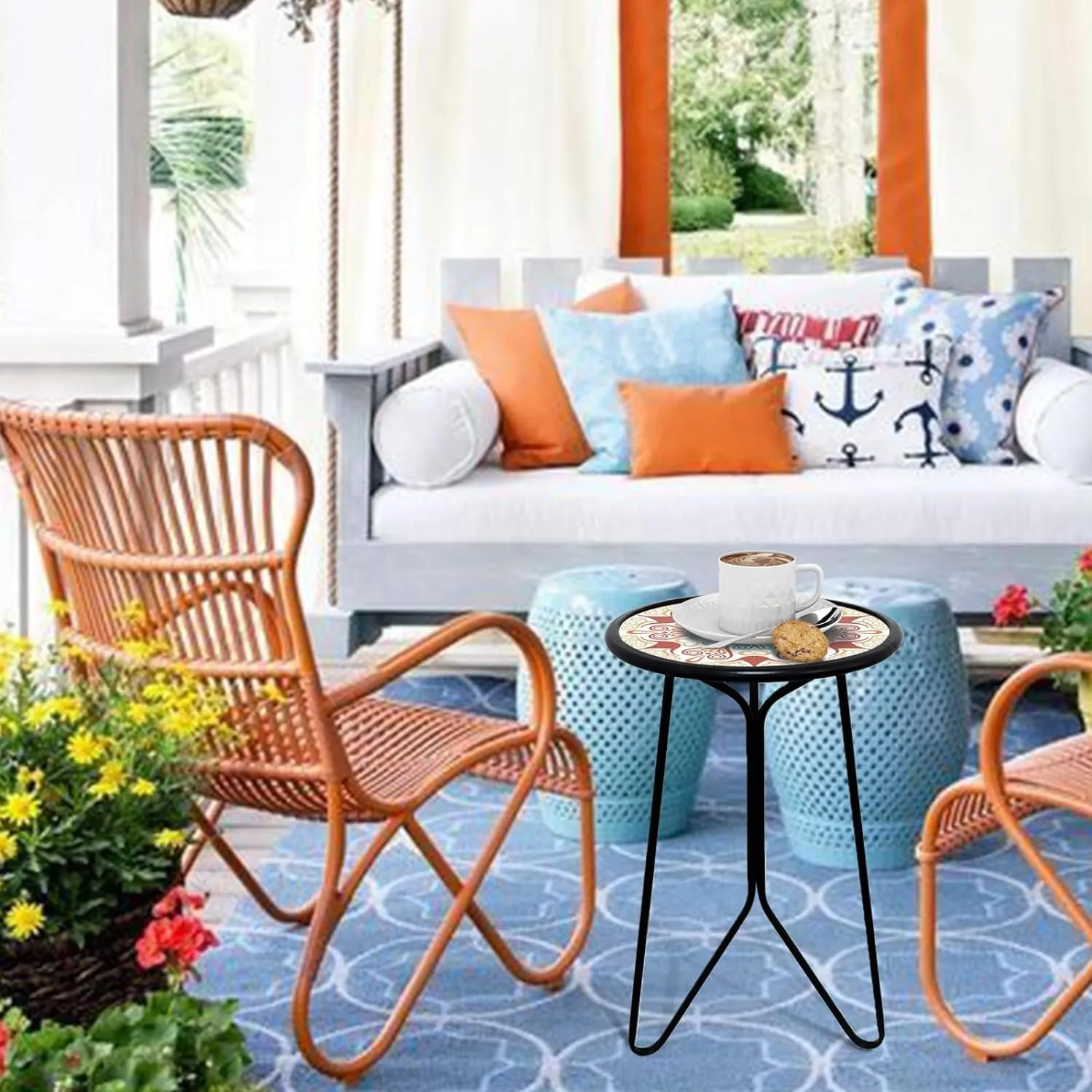 LIFFY Outdoor Metal Side Table,12" Small Outdoor Accent Table with Glass Top,Indoor Round Home Decorative End Table,Weather Resistant Patio Plant Stands Outside for Garden Bedroom Kitchen Balcony