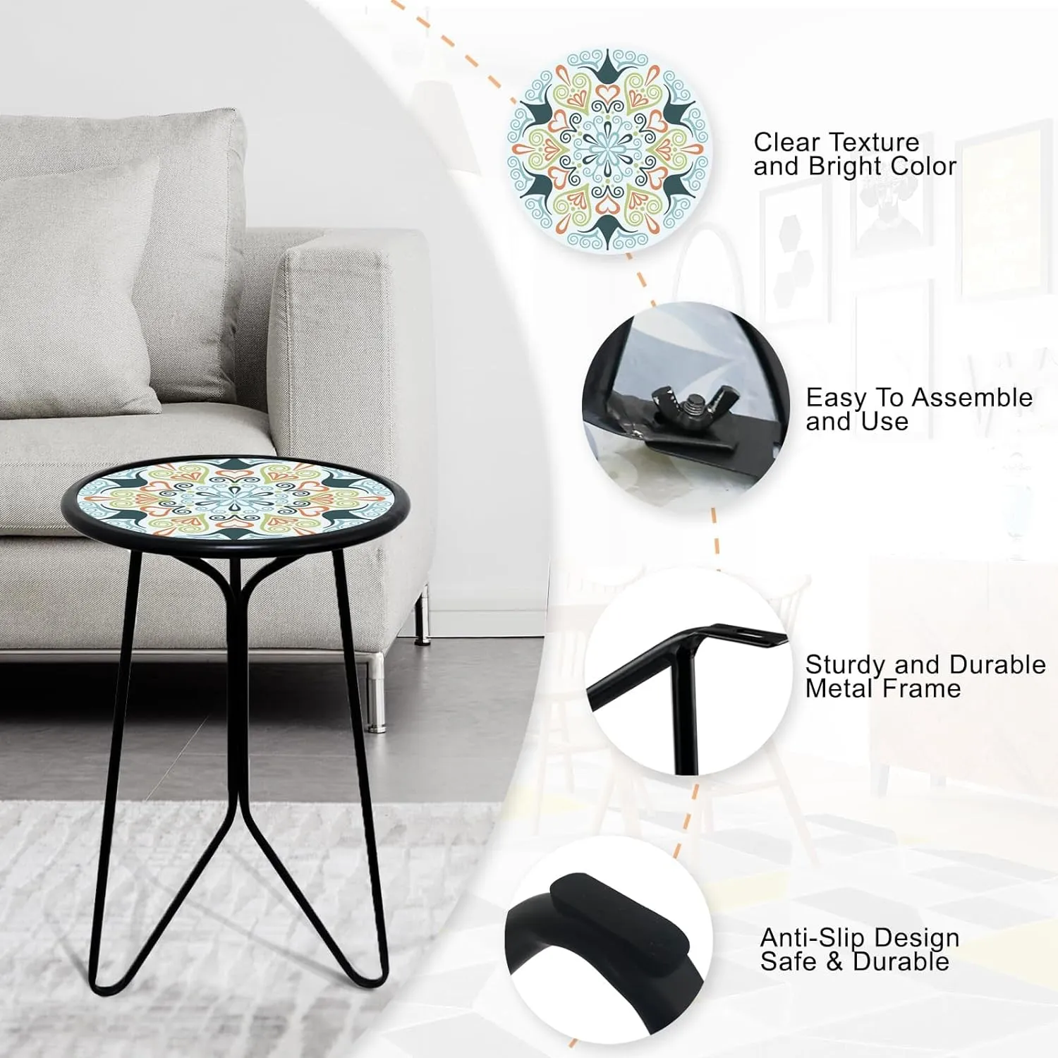 LIFFY Patio Side Table, 12" Outdoor Metal Side Table with Glass Top, Indoor Round Accent End Table for Living Room or Bedroom, Small Decorative Plant Stand Table for Garden Yard Balcony