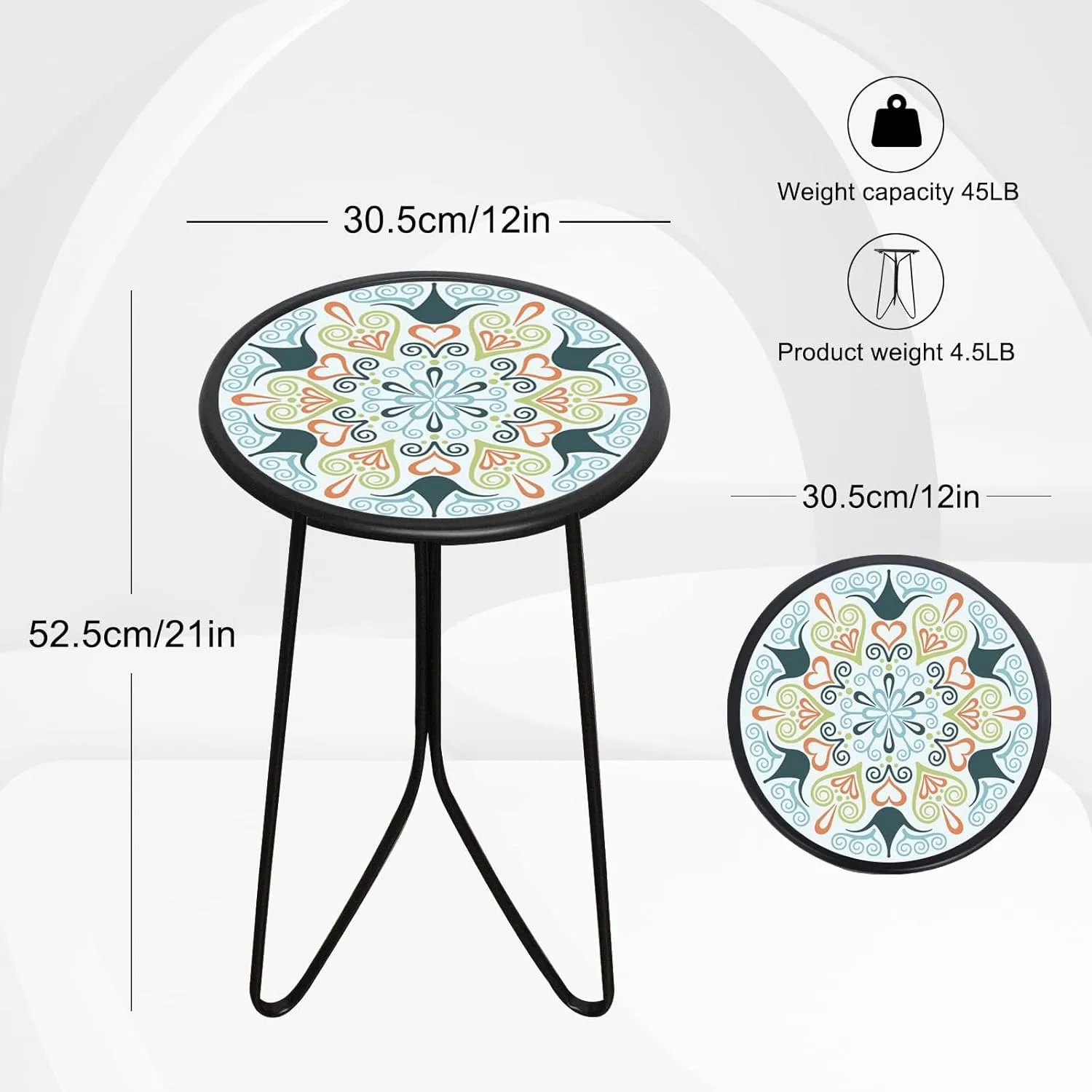 LIFFY Patio Side Table, 12" Outdoor Metal Side Table with Glass Top, Indoor Round Accent End Table for Living Room or Bedroom, Small Decorative Plant Stand Table for Garden Yard Balcony