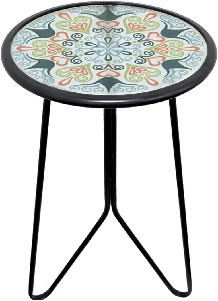 LIFFY Patio Side Table, 12" Outdoor Metal Side Table with Glass Top, Indoor Round Accent End Table for Living Room or Bedroom, Small Decorative Plant Stand Table for Garden Yard Balcony