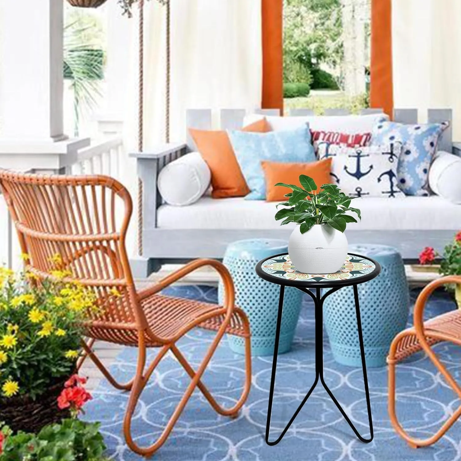 LIFFY Patio Side Table, 12" Outdoor Metal Side Table with Glass Top, Indoor Round Accent End Table for Living Room or Bedroom, Small Decorative Plant Stand Table for Garden Yard Balcony