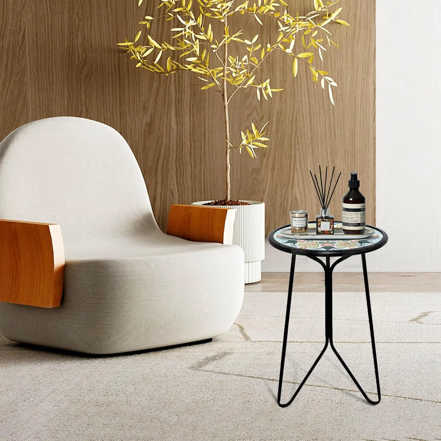 LIFFY Patio Side Table, 12" Outdoor Metal Side Table with Glass Top, Indoor Round Accent End Table for Living Room or Bedroom, Small Decorative Plant Stand Table for Garden Yard Balcony