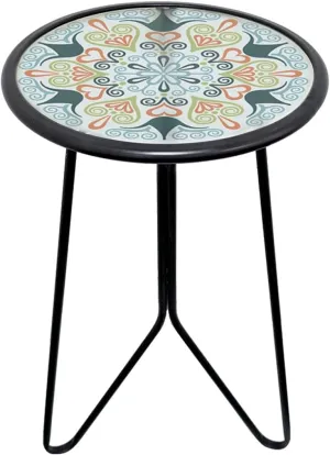 LIFFY Patio Side Table, 12" Outdoor Metal Side Table with Glass Top, Indoor Round Accent End Table for Living Room or Bedroom, Small Decorative Plant Stand Table for Garden Yard Balcony