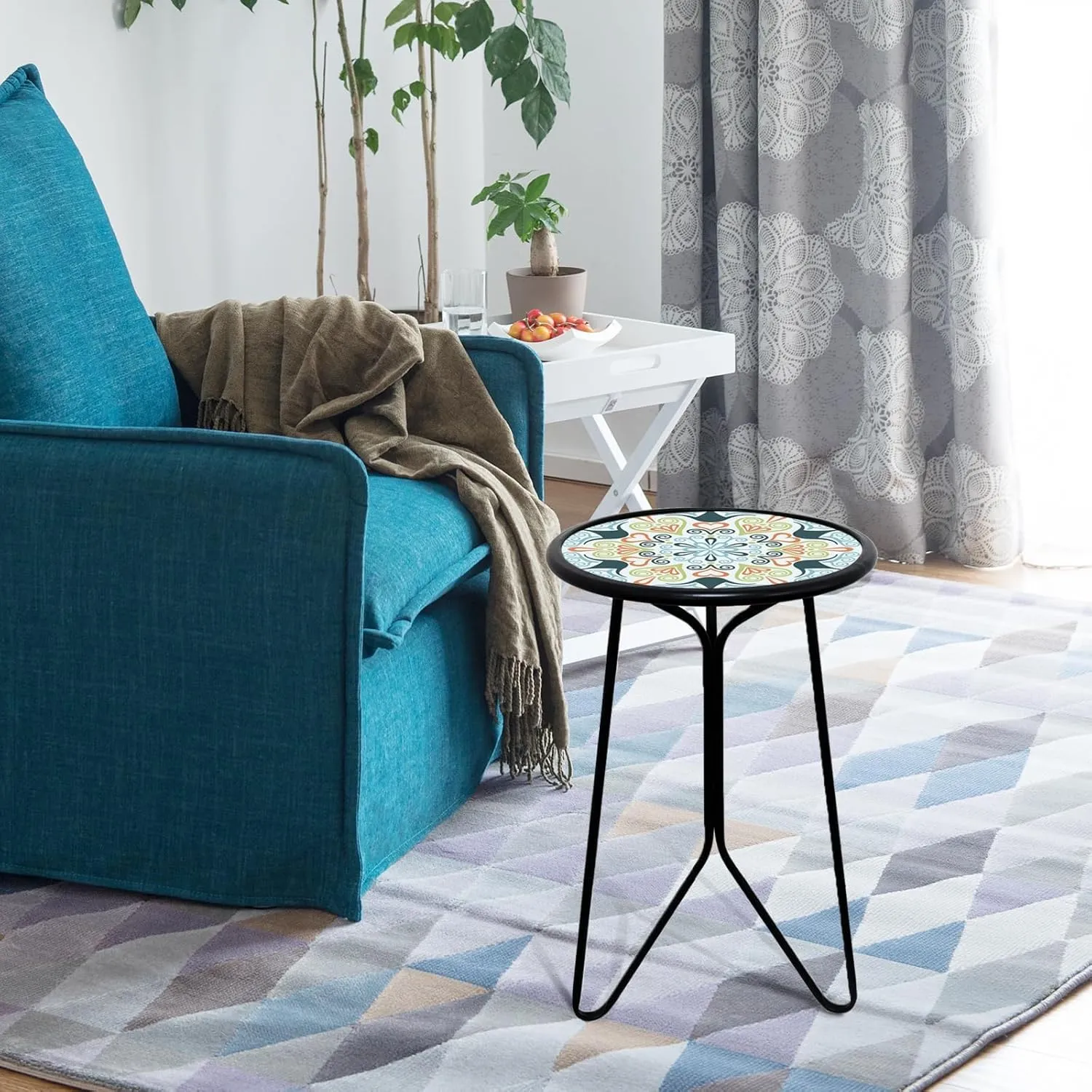 LIFFY Patio Side Table, 12" Outdoor Metal Side Table with Glass Top, Indoor Round Accent End Table for Living Room or Bedroom, Small Decorative Plant Stand Table for Garden Yard Balcony
