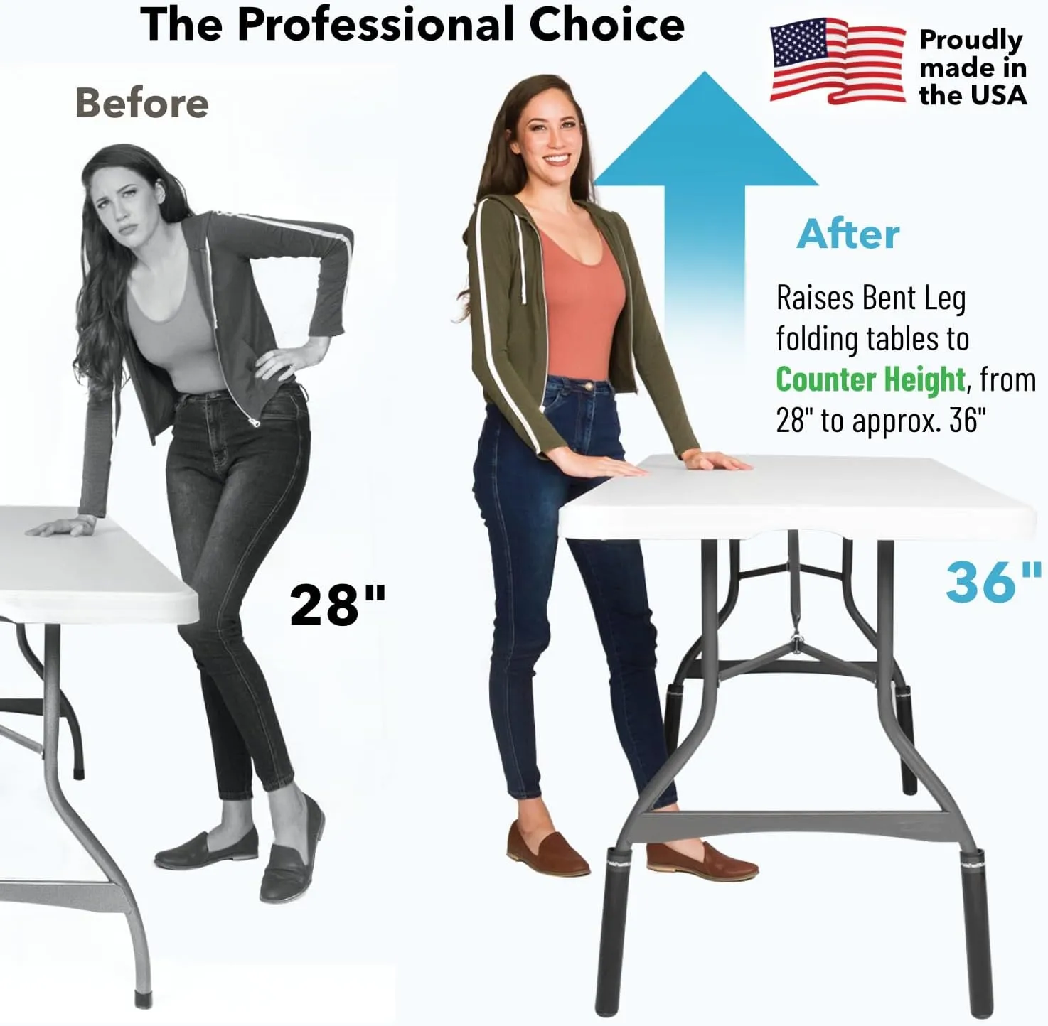Lift Your Table® Folding Table Risers - Counter Height (Non-Slip Foot) - Made in The USA, Durable, Sturdy, Portable (Set of 4 Extensions)