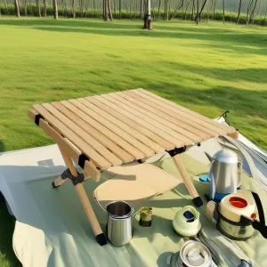 Lightweight Camping Table with Carry Bag – Roll-Up Outdoor Folding Table, Solid Wood Portable Table for Camping, Picnics, and Outdoor Activities (Natural Wood, Square)