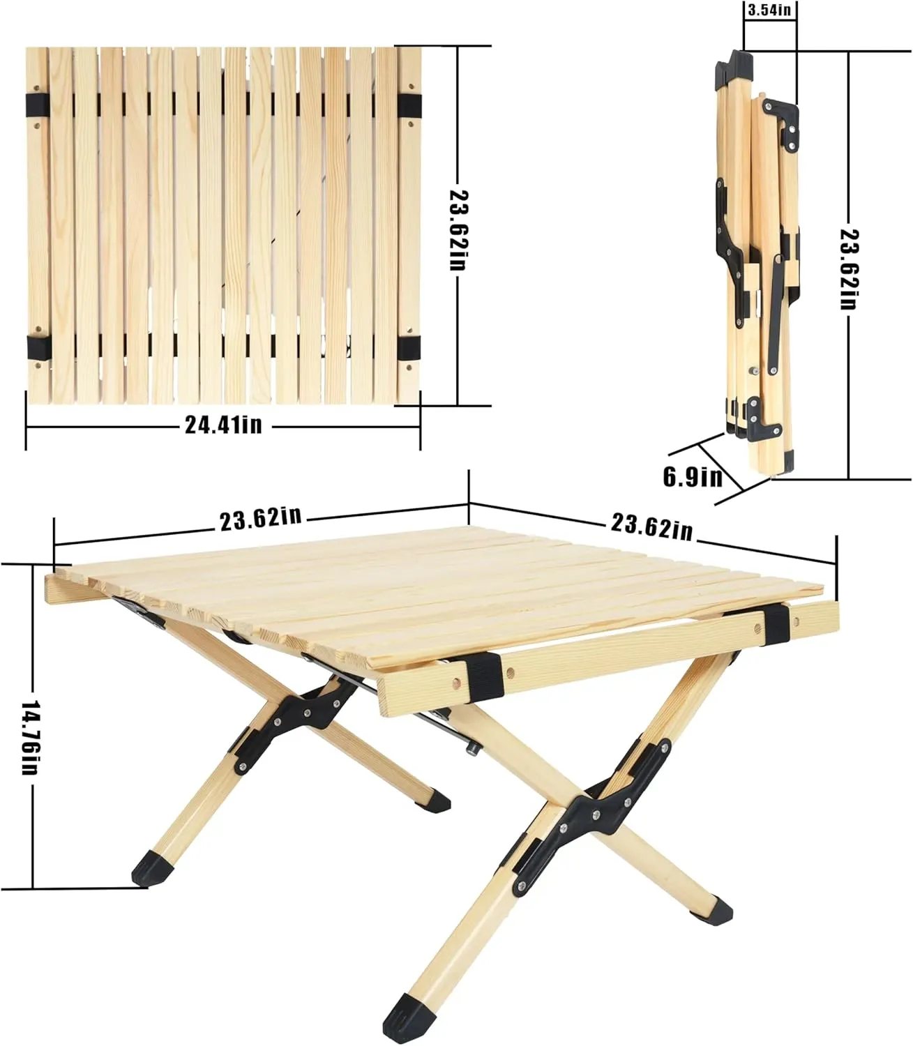 Lightweight Camping Table with Carry Bag – Roll-Up Outdoor Folding Table, Solid Wood Portable Table for Camping, Picnics, and Outdoor Activities (Natural Wood, Square)