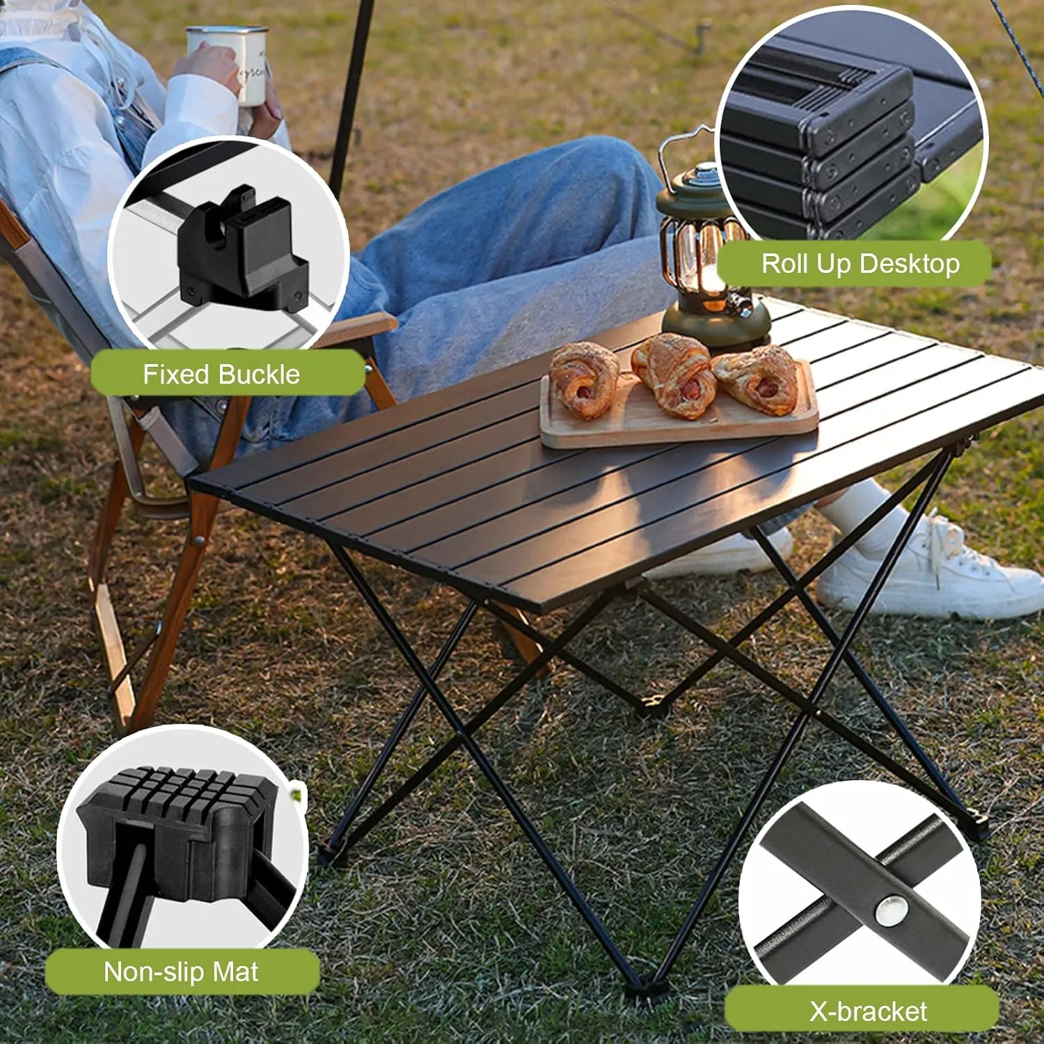 Lightweight Folding Camping Table,Roll Up Aluminum Table with Bag,Portable Outdoor Picnic Table,Small Ultralight Camp Table for Sand BBQ Party Hiking Travel,Color:Black