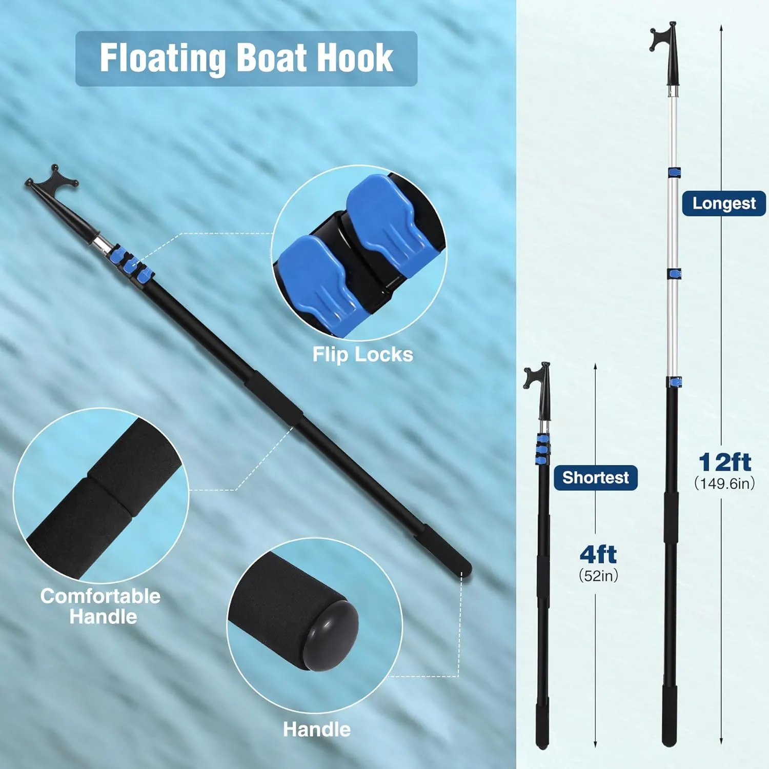 Lineslife Boat Hooks for Docking,12ft Telescoping Pole with Hook,Sturdy and Lightweight Push Pole for Boat Accessories,3ft/8ft