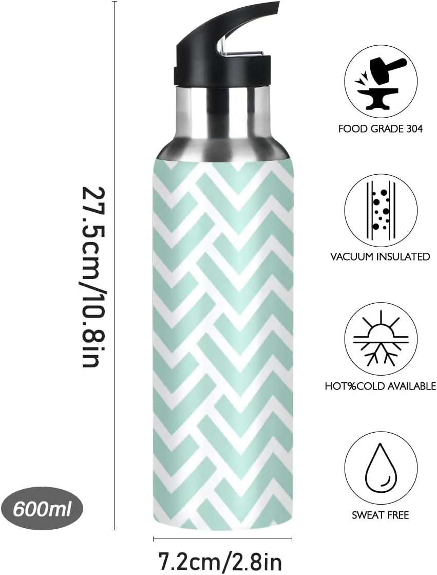 linqin Green Stripes Stainless Steel Insulated Water Bottle with Straw, BPA Free Leakproof Reusable Drink Jug for Fitness Sports Hiking Outdoors