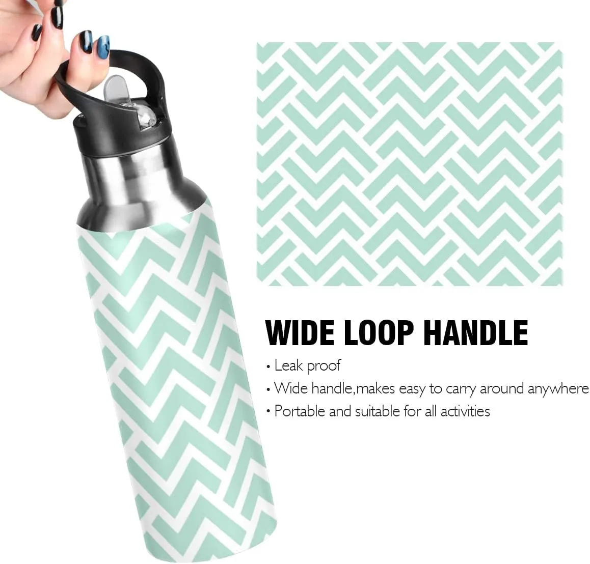 linqin Green Stripes Stainless Steel Insulated Water Bottle with Straw, BPA Free Leakproof Reusable Drink Jug for Fitness Sports Hiking Outdoors