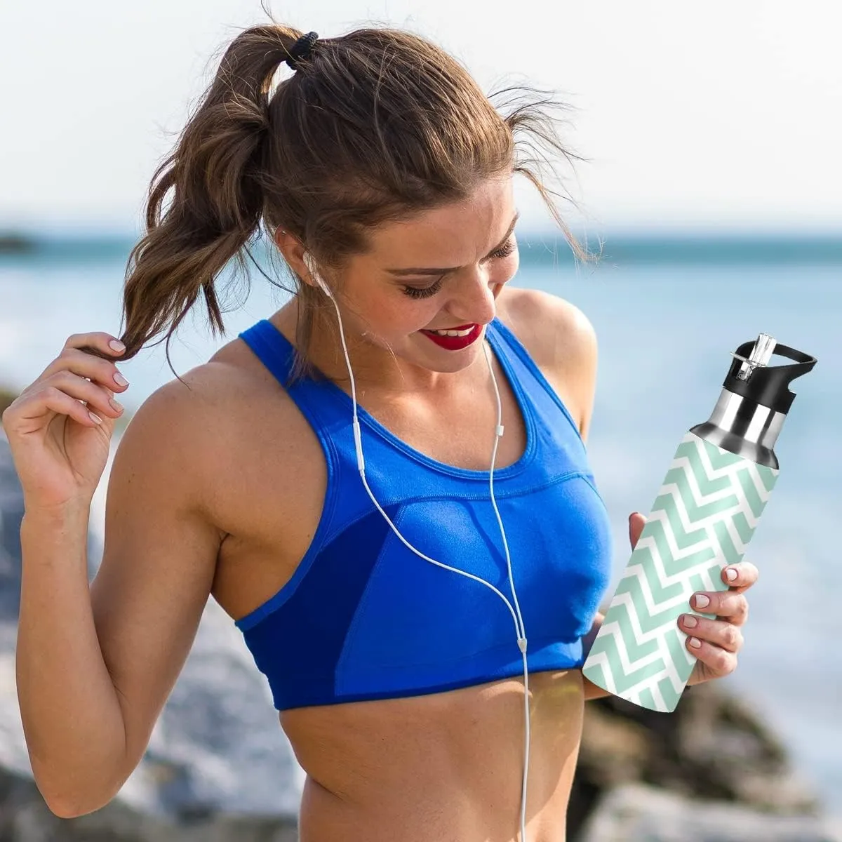 linqin Green Stripes Stainless Steel Insulated Water Bottle with Straw, BPA Free Leakproof Reusable Drink Jug for Fitness Sports Hiking Outdoors