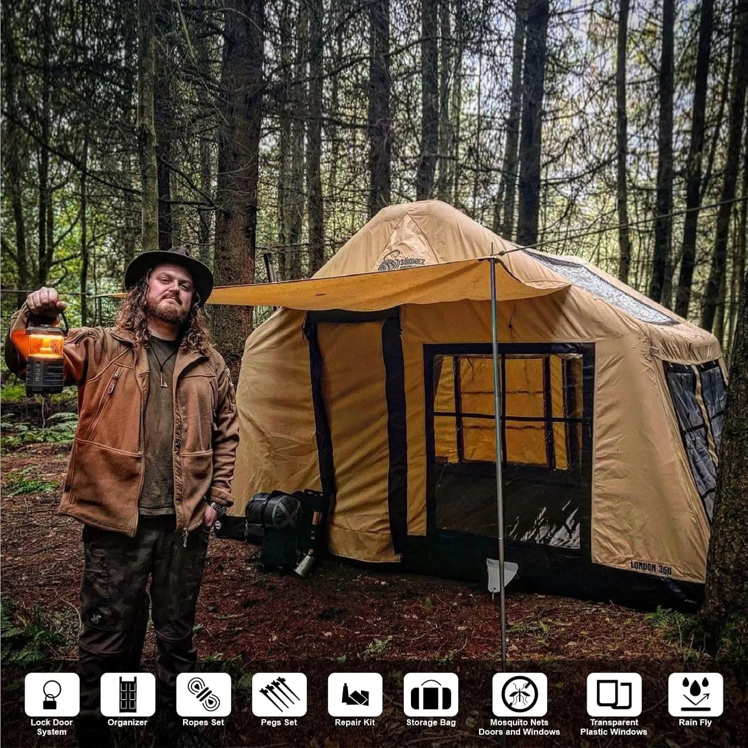 London 360 – Luxury 4-Season Inflatable Tent for Camping, 8-Person Capacity, Panoramic Windows, and Sunroof