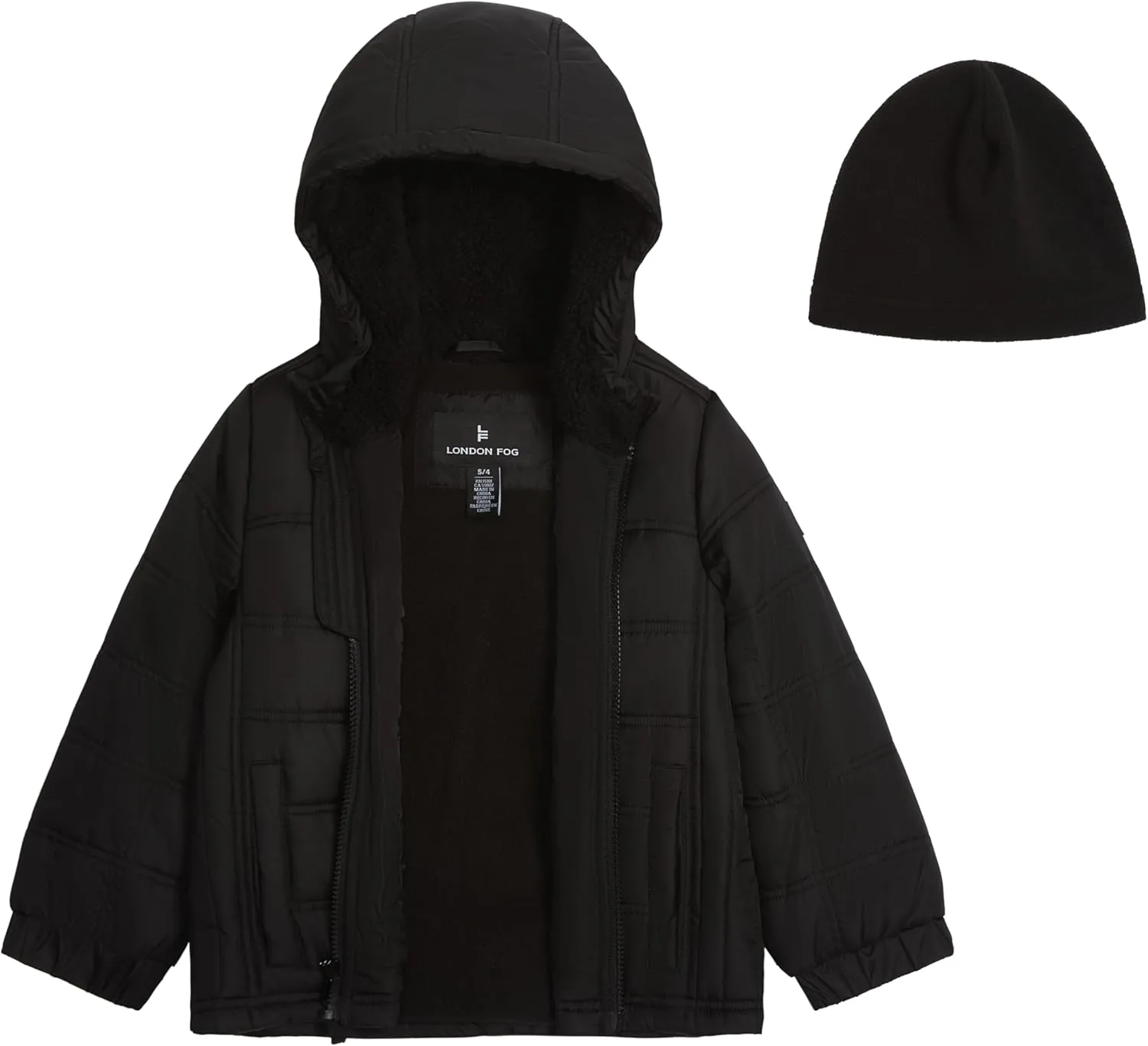 LONDON FOG Boys' Sporty Heavyweight Hooded Puffer Jacket and Fleece Beanie