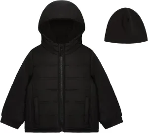 LONDON FOG Boys' Sporty Heavyweight Hooded Puffer Jacket and Fleece Beanie