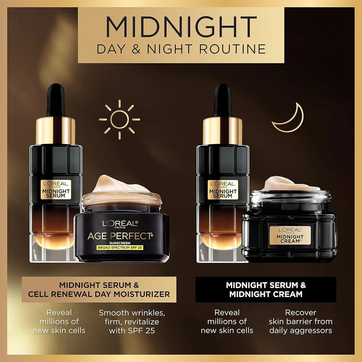 L'Oreal Paris Age Perfect Anti-Aging Midnight Face Serum 1 oz   Midnight Cream 1.7 oz, Smooths Wrinkles & Firms Skin   Eye Cream & Serum Sample