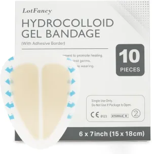 LotFancy Sacral Hydrocolloid Dressing, 6”x7”, Pack of 10, Sterile Thin Bordered Hydrocolloid Bandages, Sacrum Wound Gel Patches for Fast Healing, Water-Resistant, Individually Packed