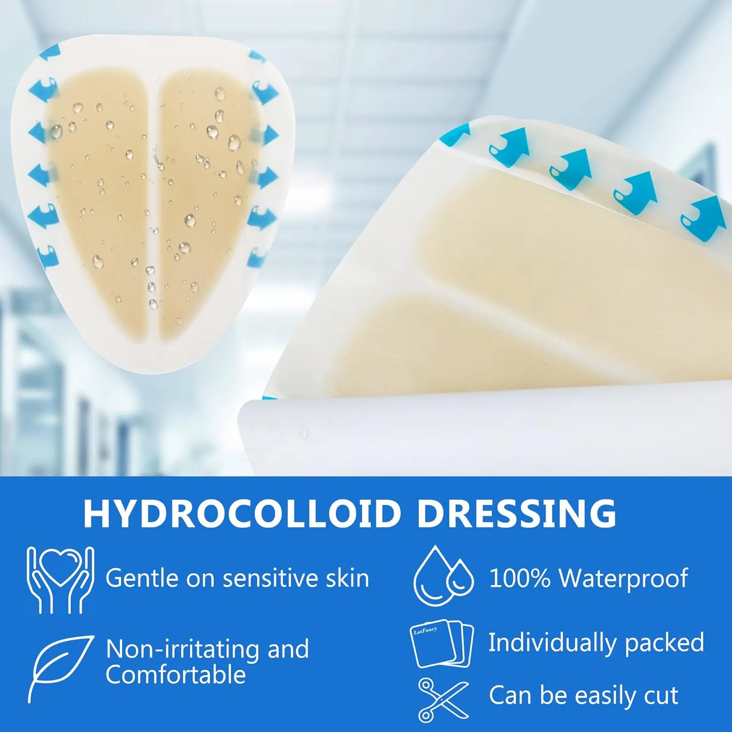 LotFancy Sacral Hydrocolloid Dressing, 6”x7”, Pack of 10, Sterile Thin Bordered Hydrocolloid Bandages, Sacrum Wound Gel Patches for Fast Healing, Water-Resistant, Individually Packed