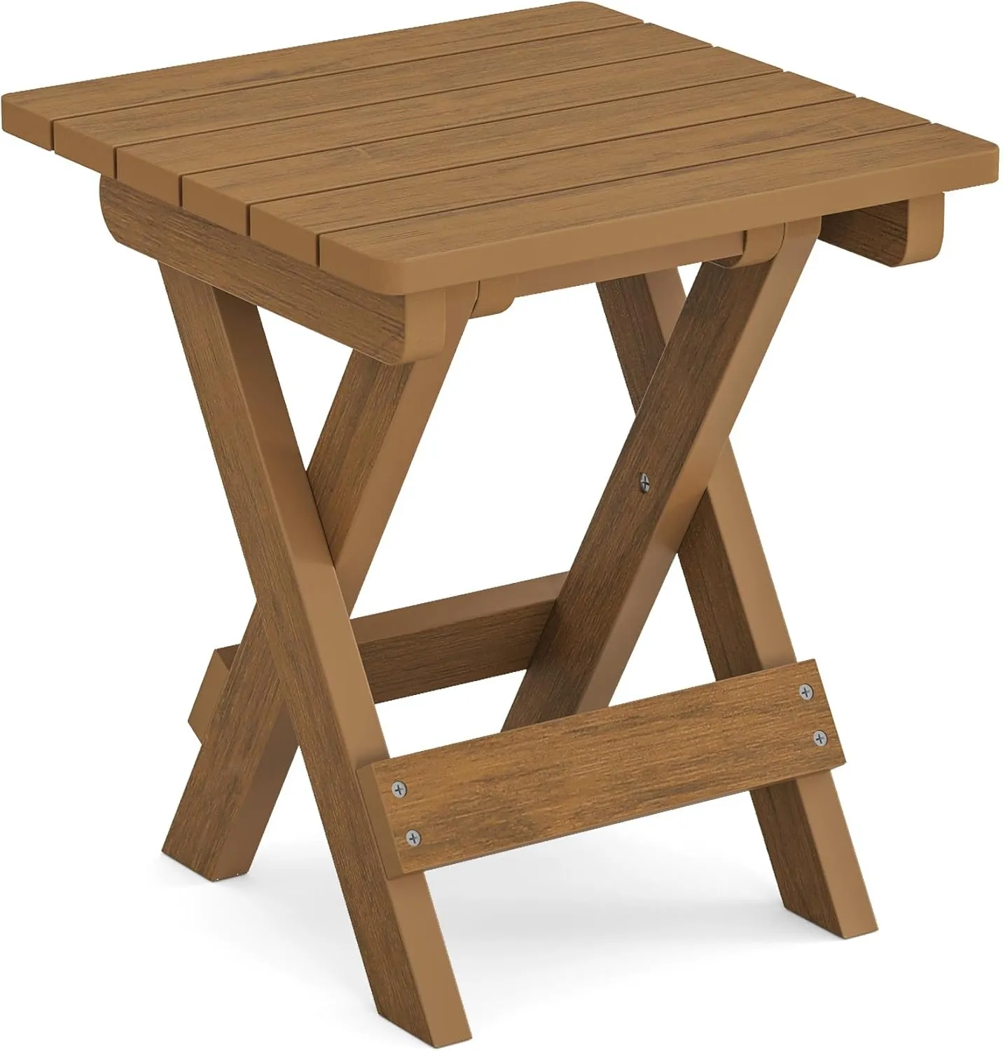 LUE BONA Small Outdoor Folding Side Table, HDPS Outside End Table for Patio, Porch, Deck, Pool, 14 Inch Height, Teak Color Oil Printed