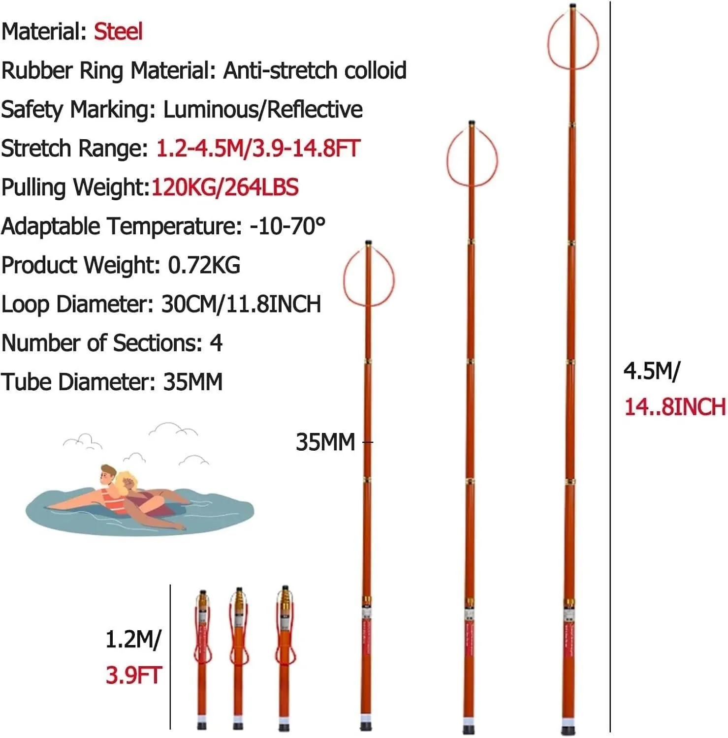 LXXW Rescue Pole Portable Lightweight Safety Hook Pool Pole, Swimming Pool Telescopic Poles Emergency Life Preserving Saving Rescue Equipment Fire Escape Ladders(1.2-4.5m/3.9-14.8ft)