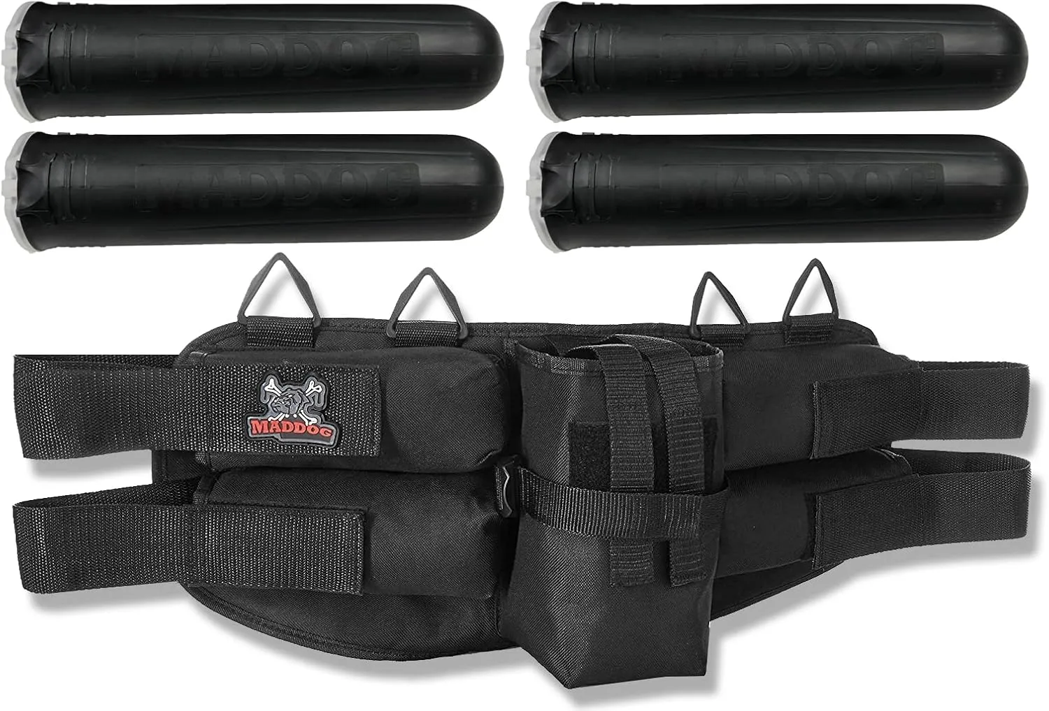 Maddog 4 1 Entry Level Paintball Harness Pod Pack Belt with HPA CO2 Tank Holder Pouch | Includes (4) Paintball Pods