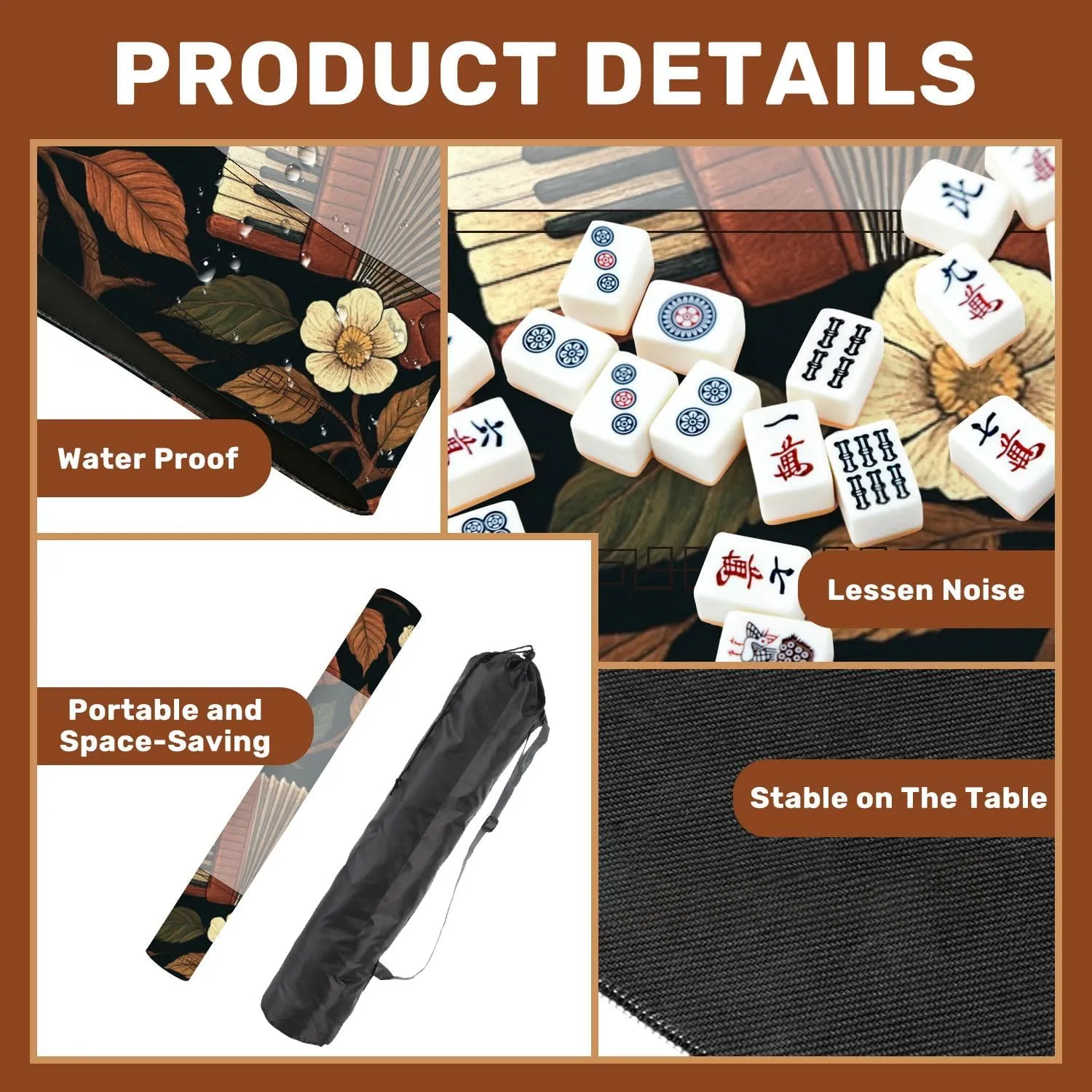 Mahjong Mat for Table Accordion Autumn Leaves Seamless Music Art Embroidery Style 31.5" x 31.5" Non-Slip Noise-Reducing Game Mat Premium Mahjong Accessories for Poker Dominoes Board Games