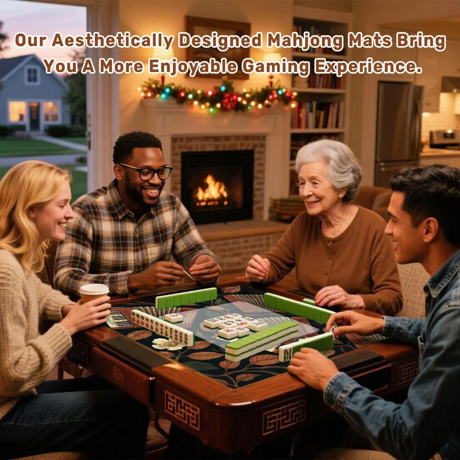 Mahjong Mat for Table Accordion Autumn Leaves Seamless Music Art Embroidery Style 31.5" x 31.5" Non-Slip Noise-Reducing Game Mat Premium Mahjong Accessories for Poker Dominoes Board Games