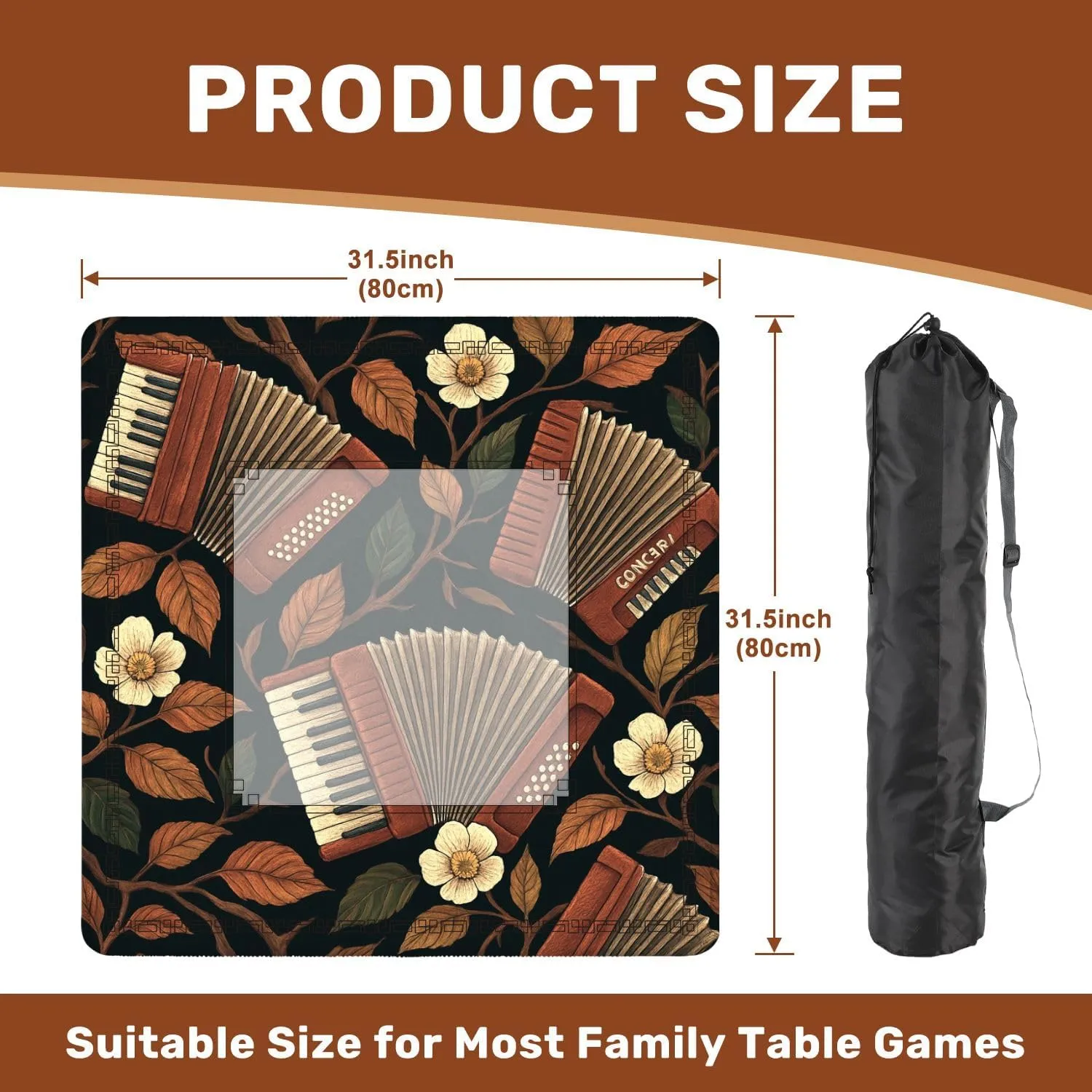 Mahjong Mat for Table Accordion Autumn Leaves Seamless Music Art Embroidery Style 31.5" x 31.5" Non-Slip Noise-Reducing Game Mat Premium Mahjong Accessories for Poker Dominoes Board Games