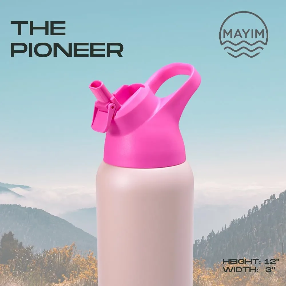 MAYIM 32 Oz Pioneer Insulated Sports Water Bottle with Straw, Leak Proof Stainless Steel Water Bottle with Handle, Spill Proof Thermos or Water Jug for Gym, Home or Office -Light Pink