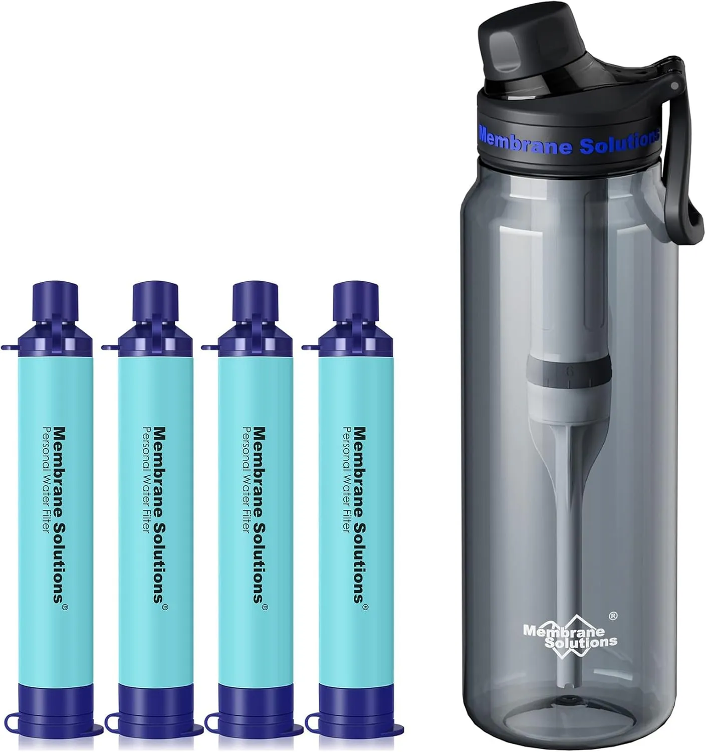 Membrane Solutions 36oz C3 ACF Filtered Water Bottle with 4 Packs Outdoor Water Filter Straw