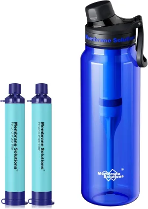 Membrane Solutions 36oz C3 ACFX2 Filtered Water Bottle with 2 Packs Outdoor Water Filter Straw